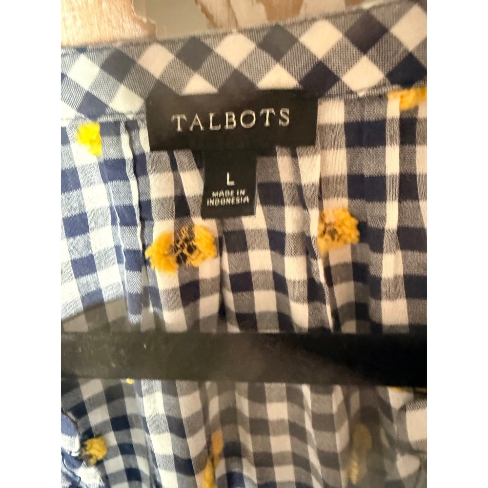Talbots Womens Navy White Gingham Yellow Embroidered Flower Bell Sleeve Blouse L - Picture 8 of 8